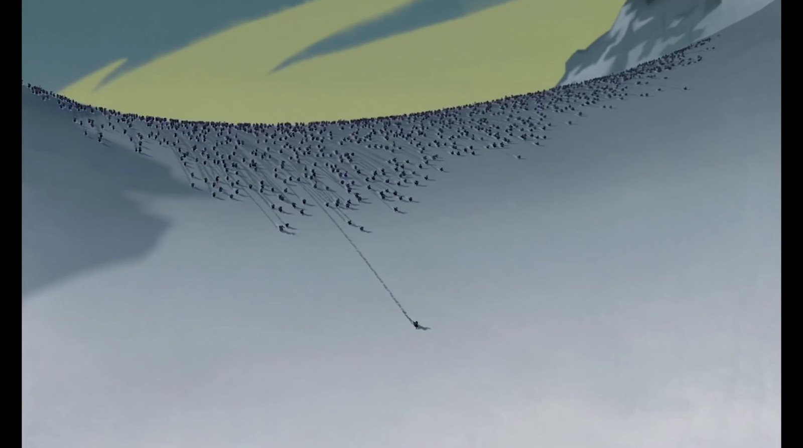 a large group of people walking up the side of a snow covered mountain