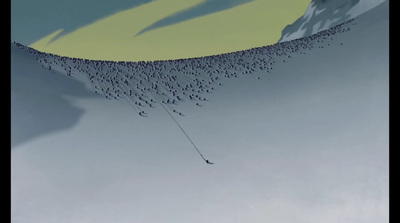 a large group of people walking up the side of a snow covered mountain
