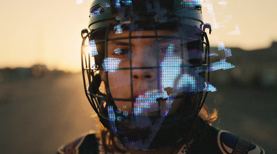 a woman wearing a helmet with a lot of lights on it