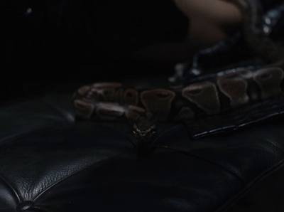 a black leather couch with a snake on it