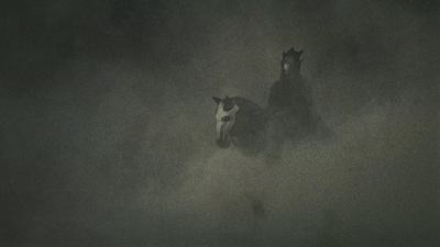 a black and white photo of two horses in the fog