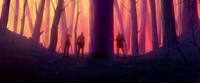 a couple of people standing in the middle of a forest