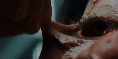 a close up of a cow's eye with a blurry background