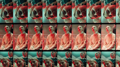 a series of images of a woman in a red dress