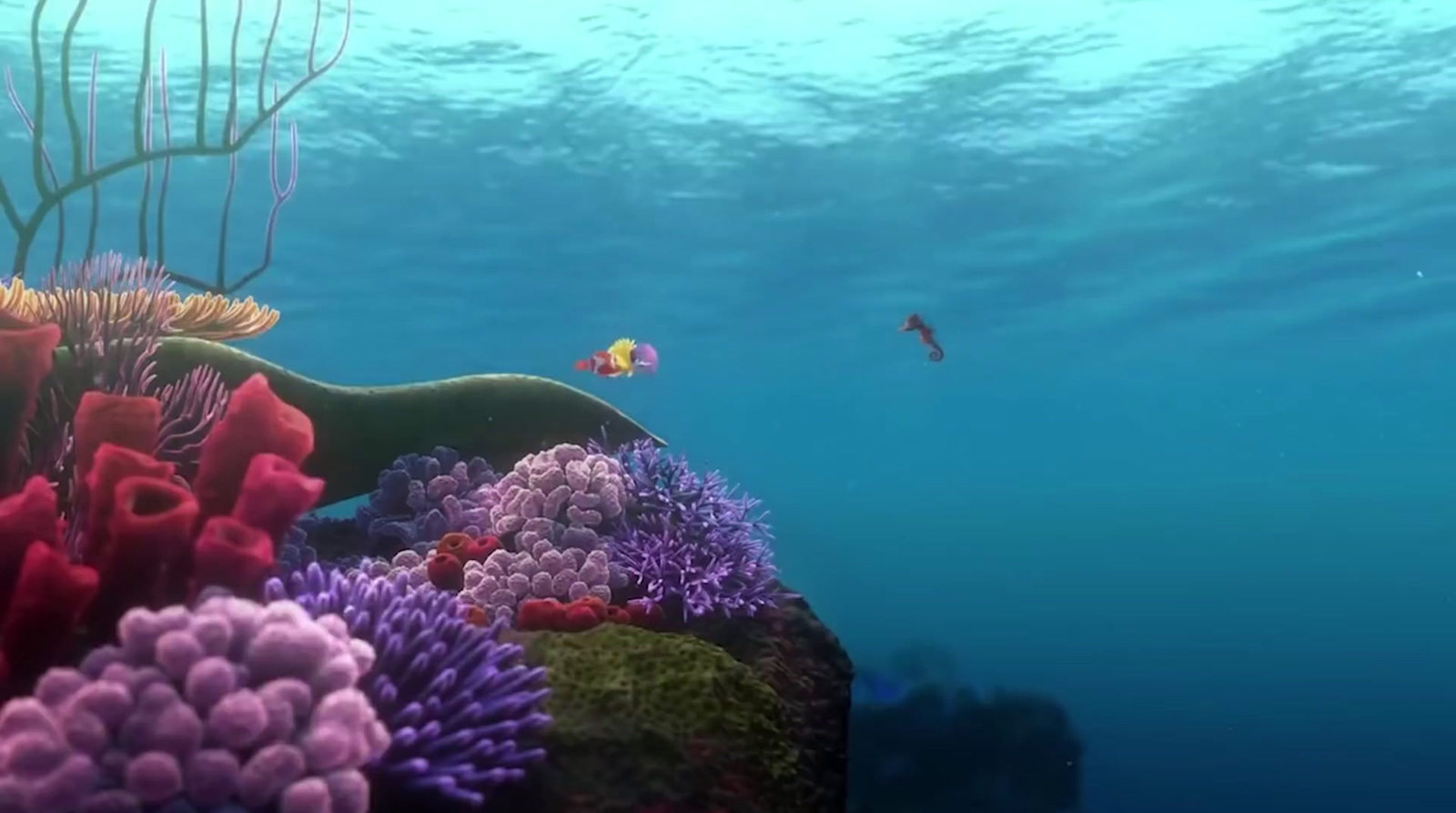 an underwater scene of a coral reef and a fish