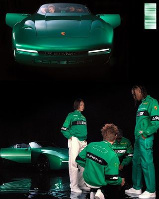 a group of people standing around a green sports car