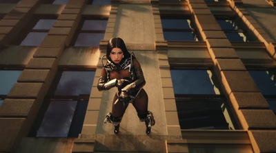 a woman in a futuristic suit standing in front of a tall building