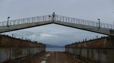 a person standing on a bridge over a body of water