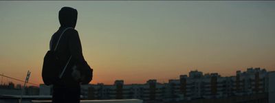 a person in a hoodie standing on a roof at sunset