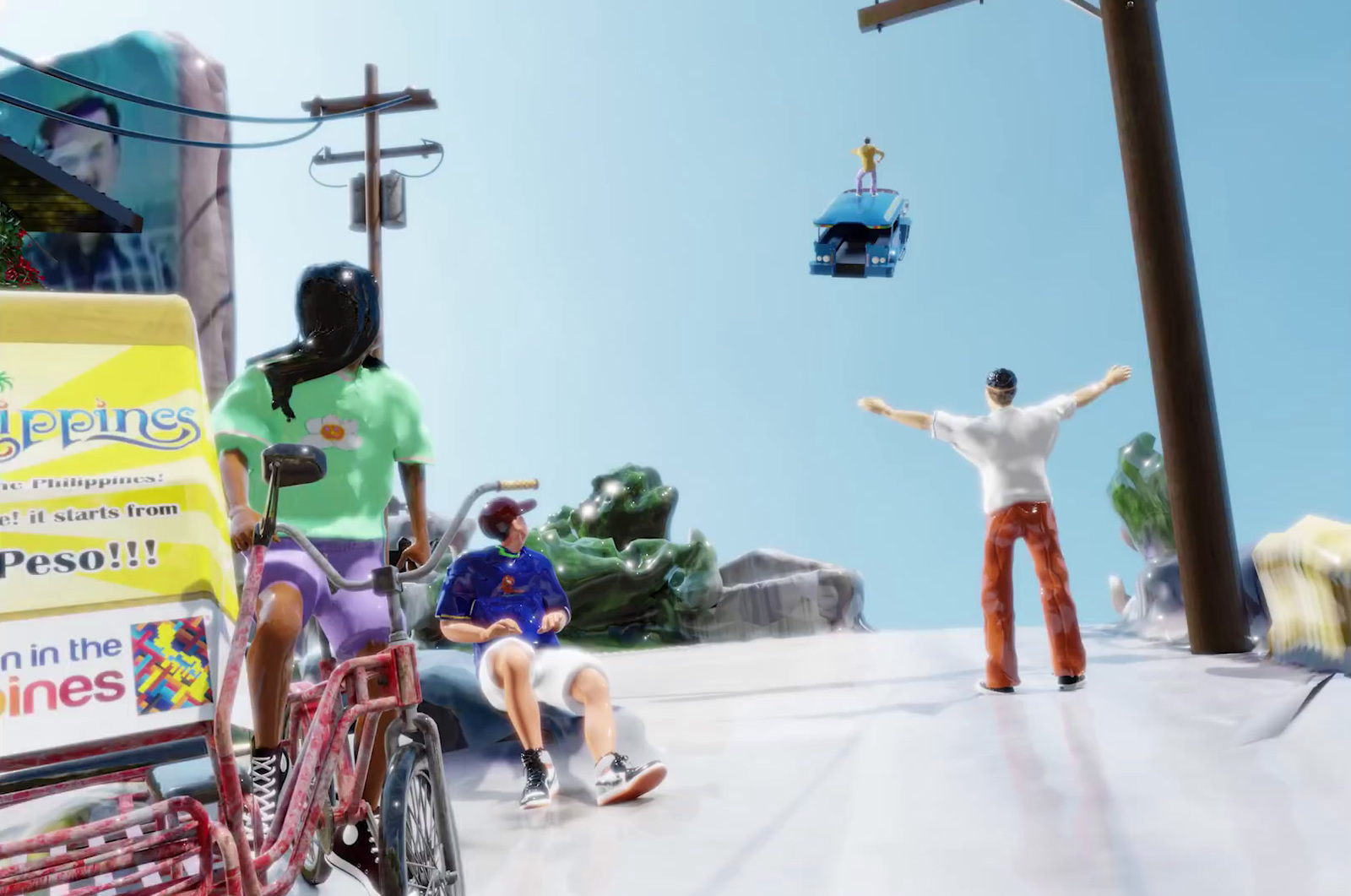 a man riding a skateboard next to a red cart