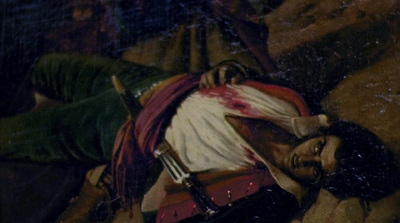 a painting of a man laying on the ground