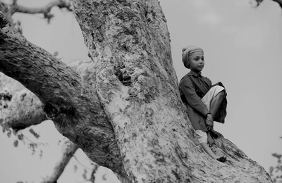 a black and white photo of a boy in a tree