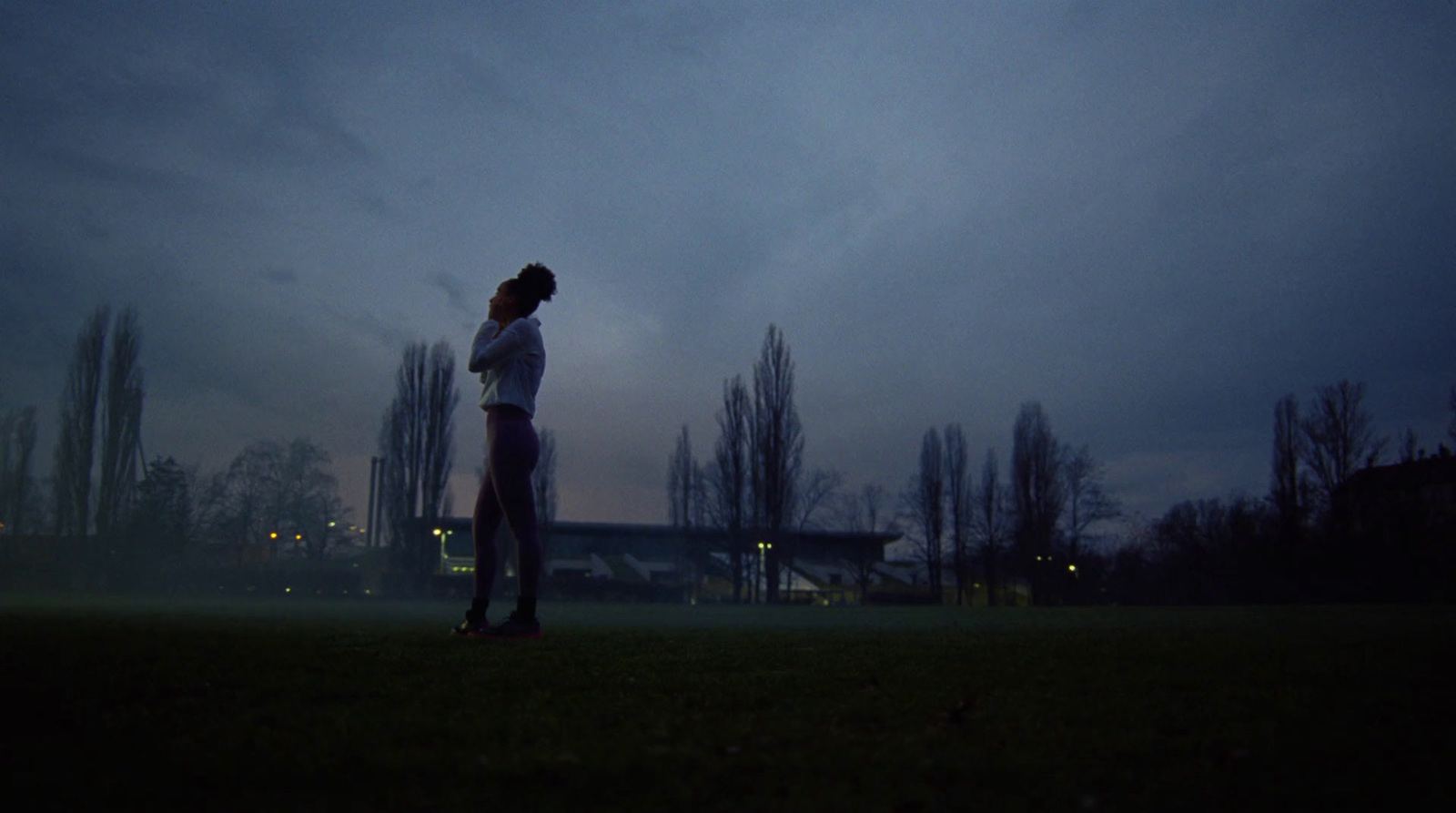 a person standing in a field at night