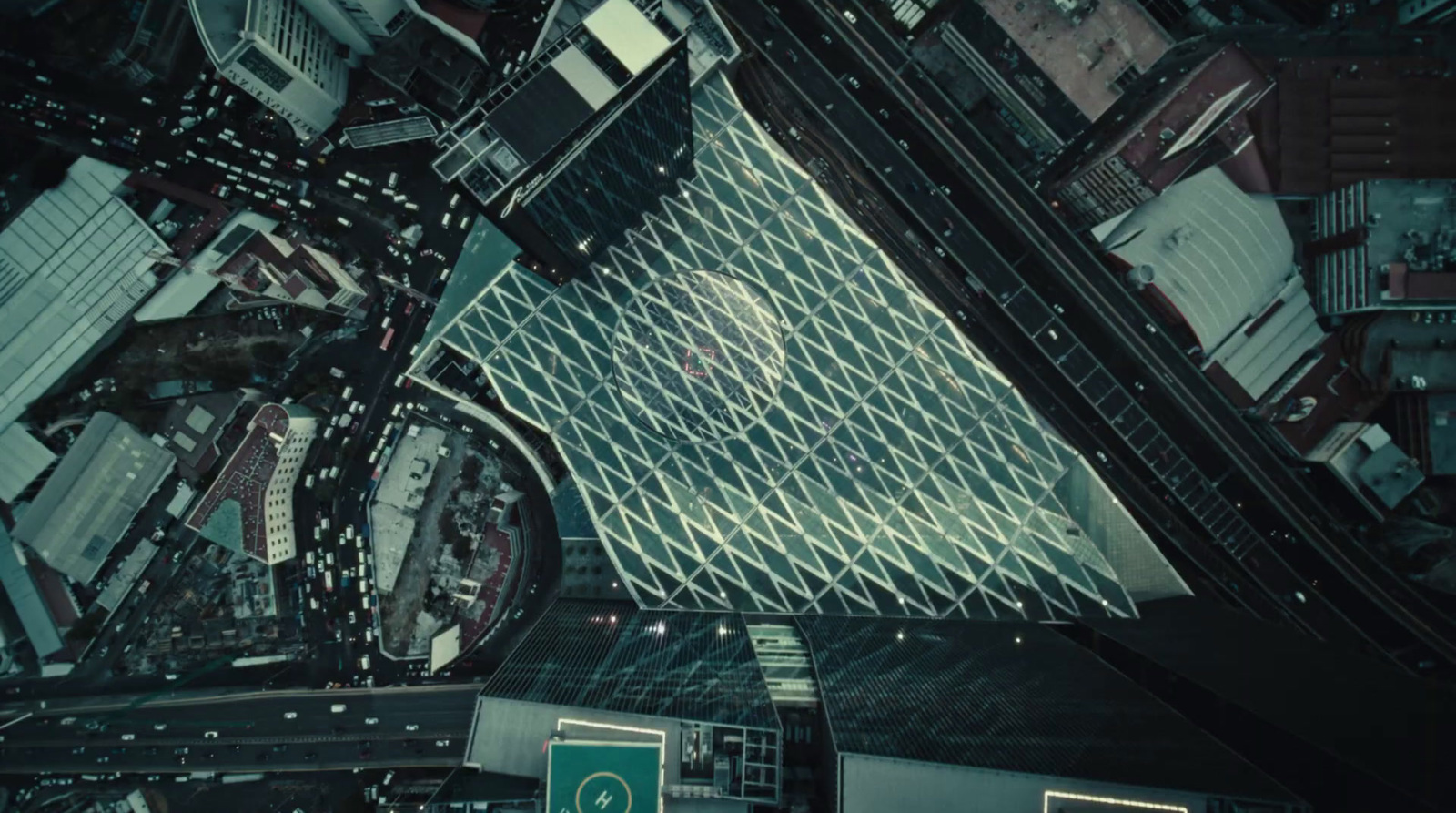 an aerial view of a city street and buildings