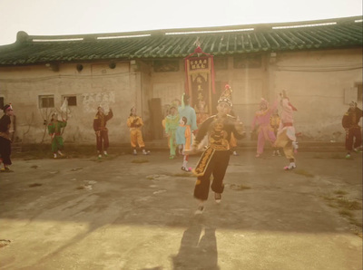 a group of people standing around a building