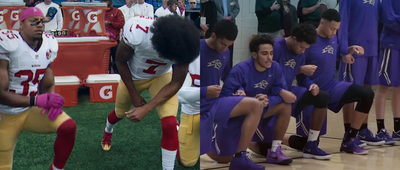 a group of football players sitting on the sidelines