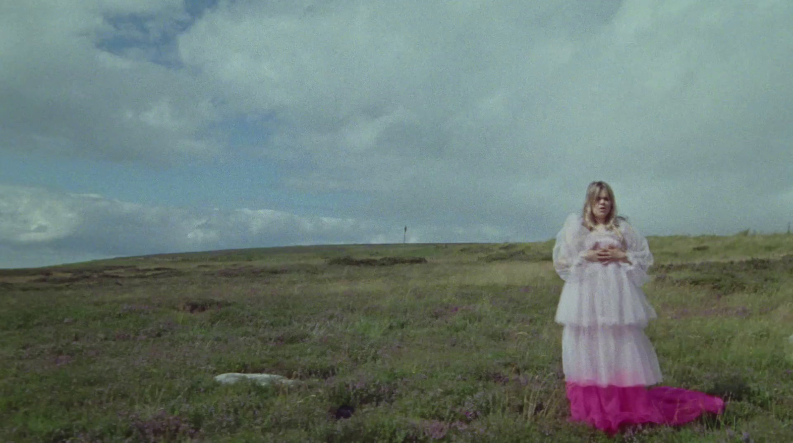 a woman in a dress standing in a field