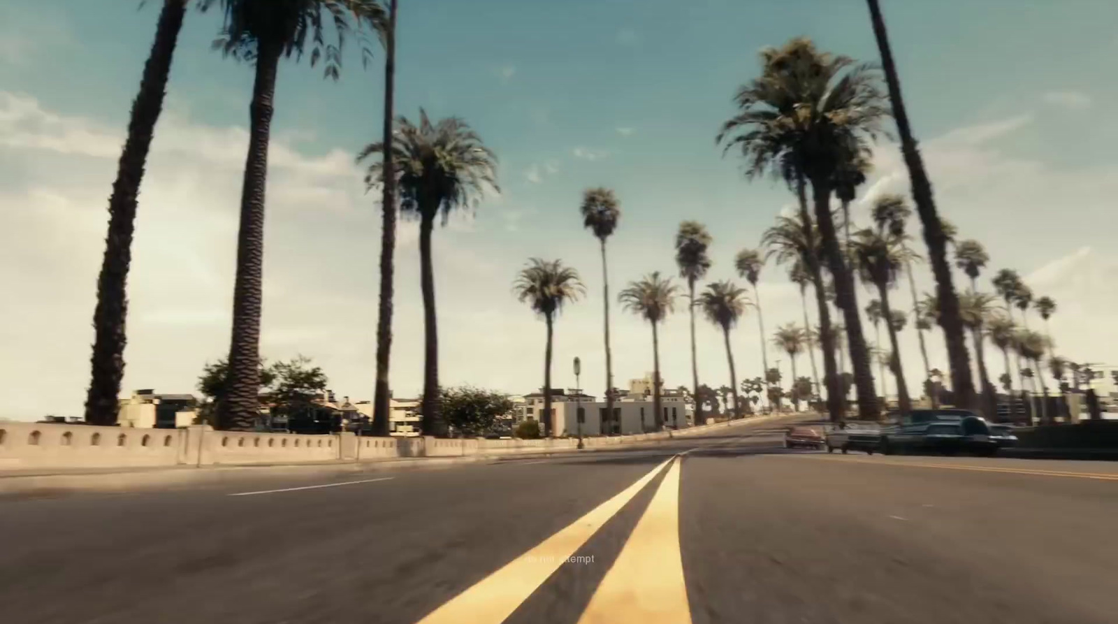 a car driving down a street lined with palm trees