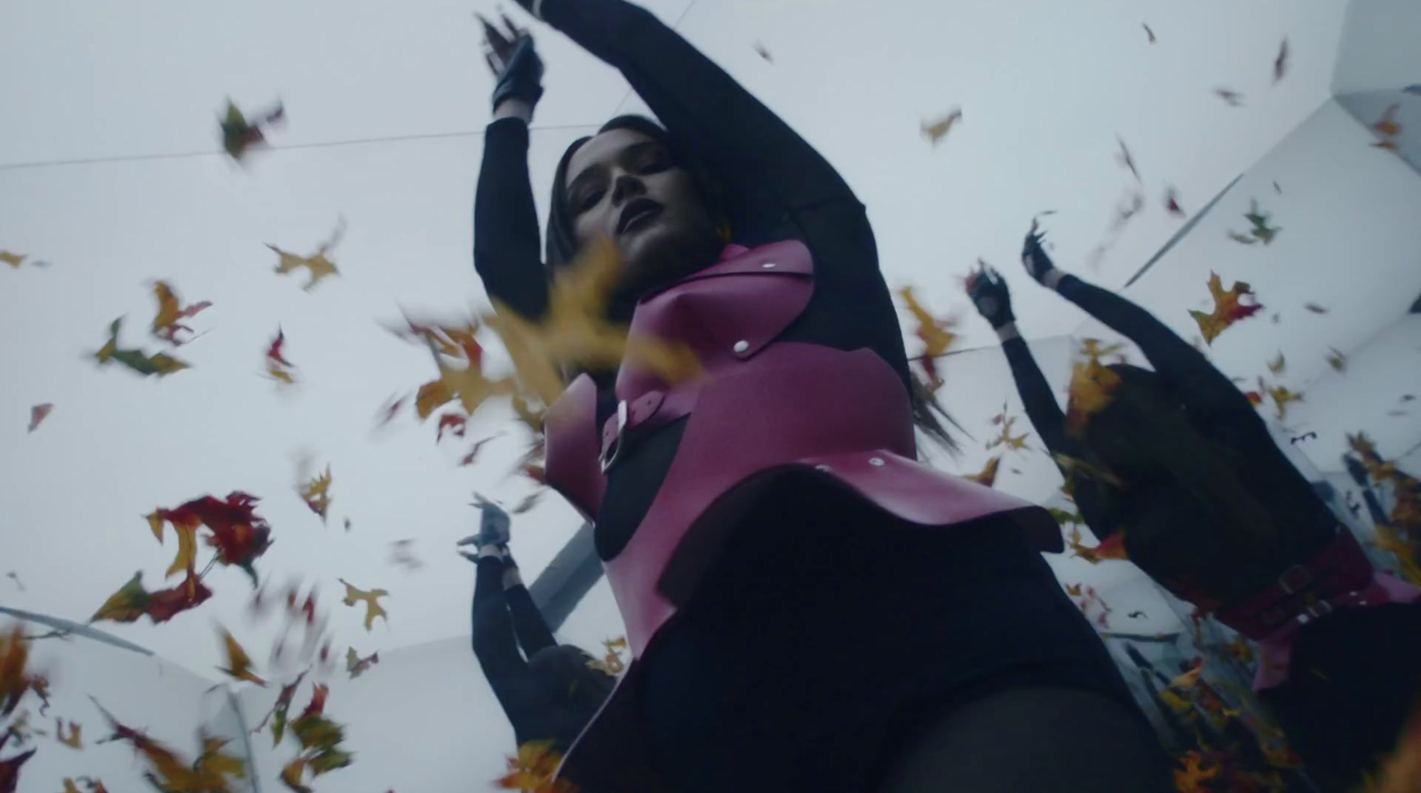 a woman in a pink and black dress surrounded by leaves