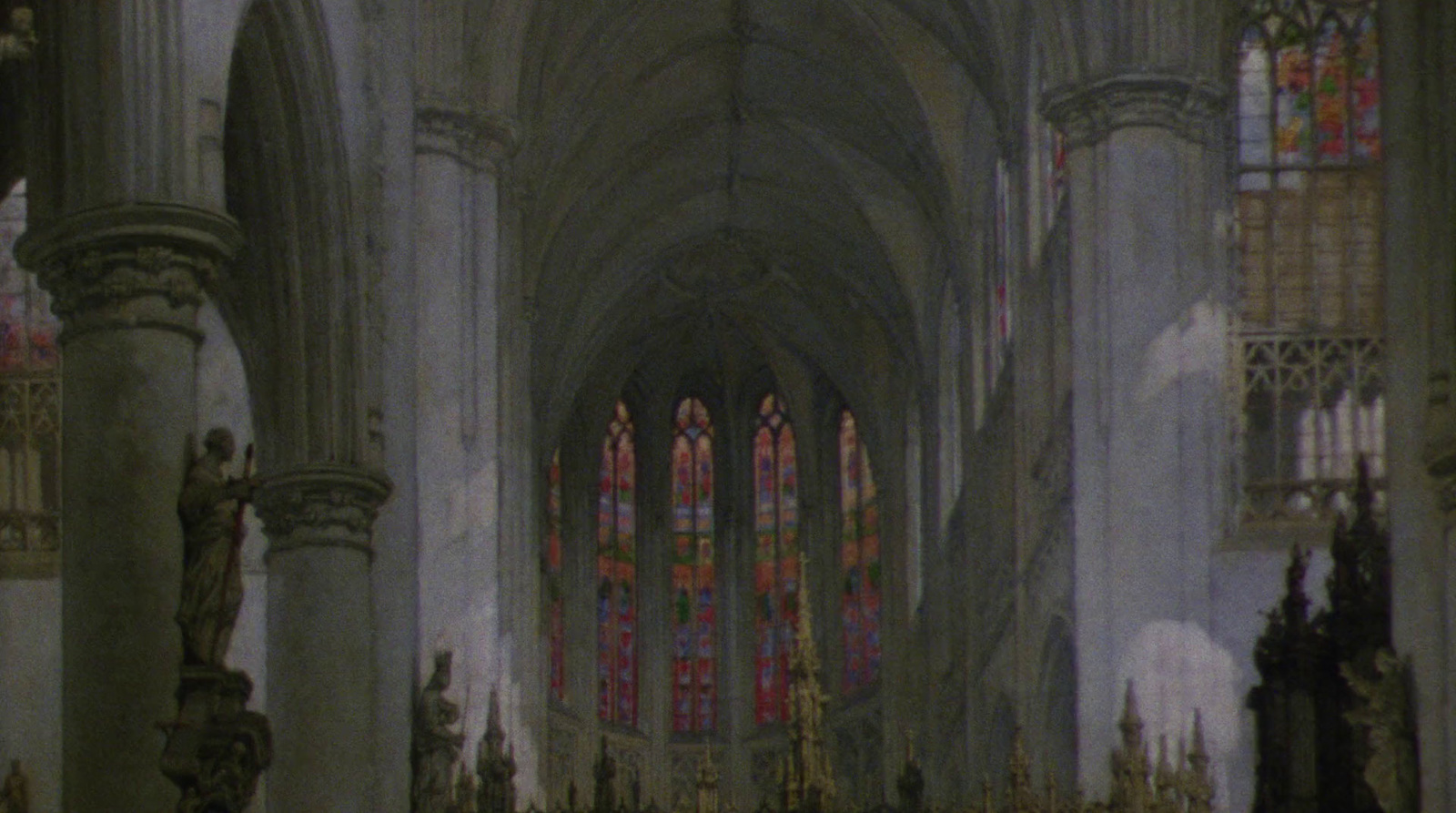 a painting of a large cathedral with many windows