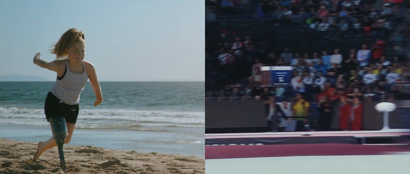 a woman running on a beach next to a picture of a crowd of people