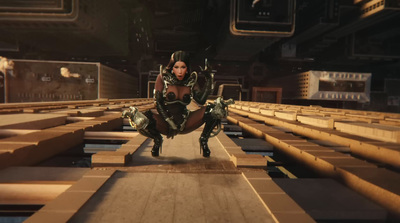 a woman in a futuristic suit sitting on a stage