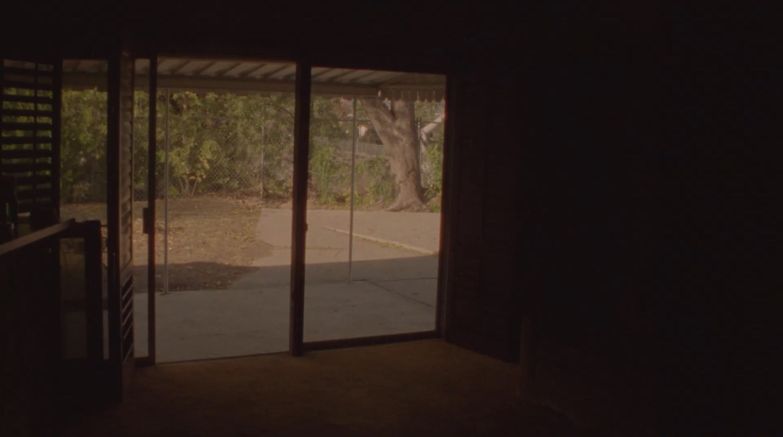 an open door in a dark room with a tree in the background