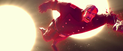 a man in a red suit flying through the air