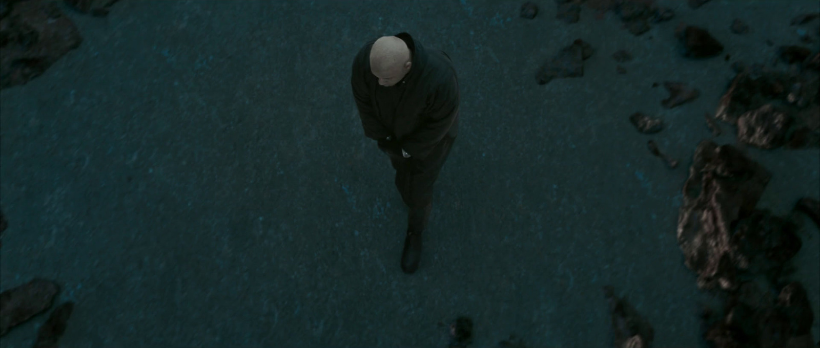 an aerial view of a person walking in the water