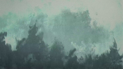 a painting of trees in a foggy sky