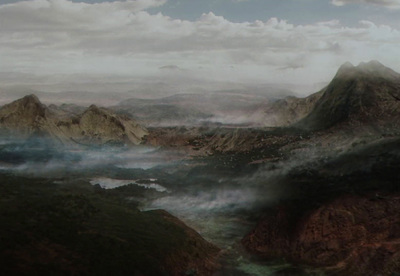 a painting of a mountain range with a river running through it