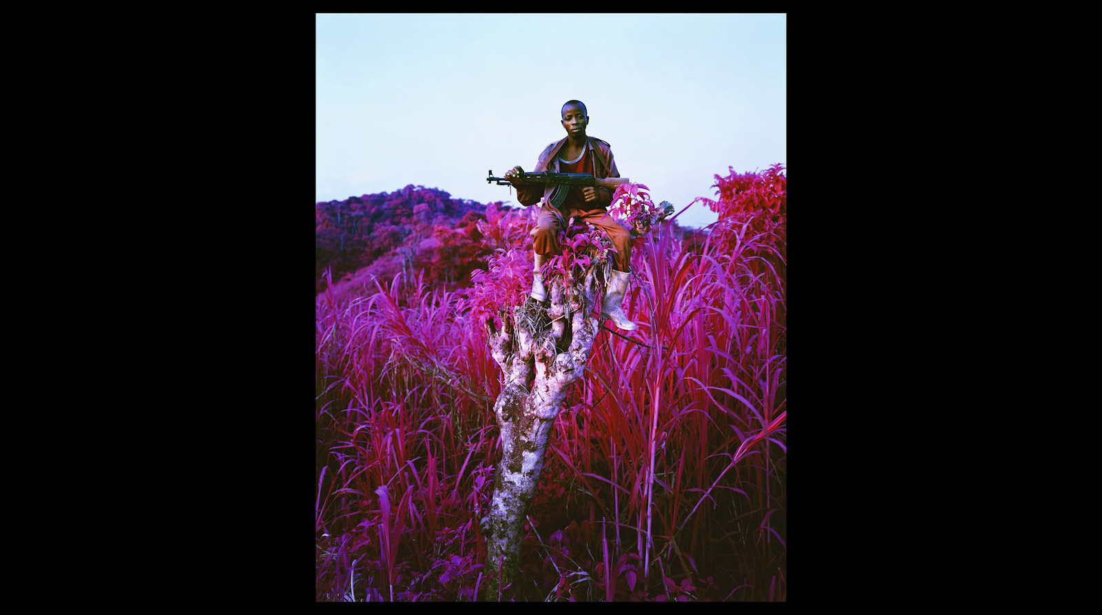 a man with a gun standing in a field of tall grass