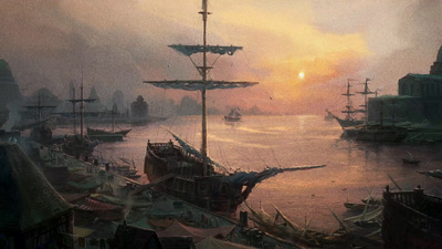 a painting of ships in a harbor at sunset