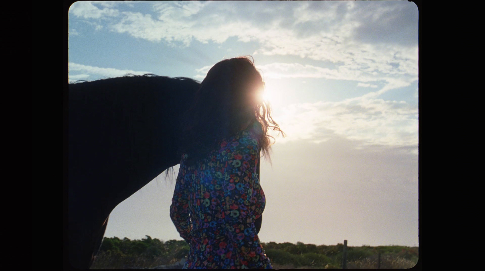 a woman standing next to a horse under a cloudy sky