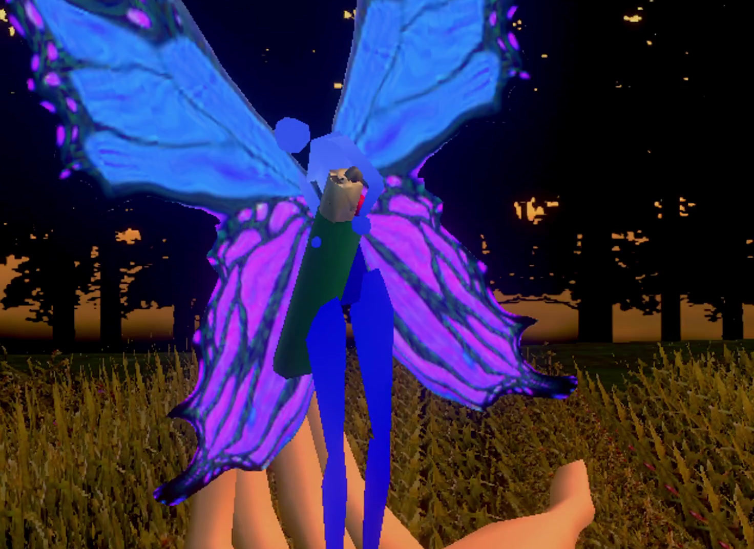 a blue butterfly sitting on top of a person's leg