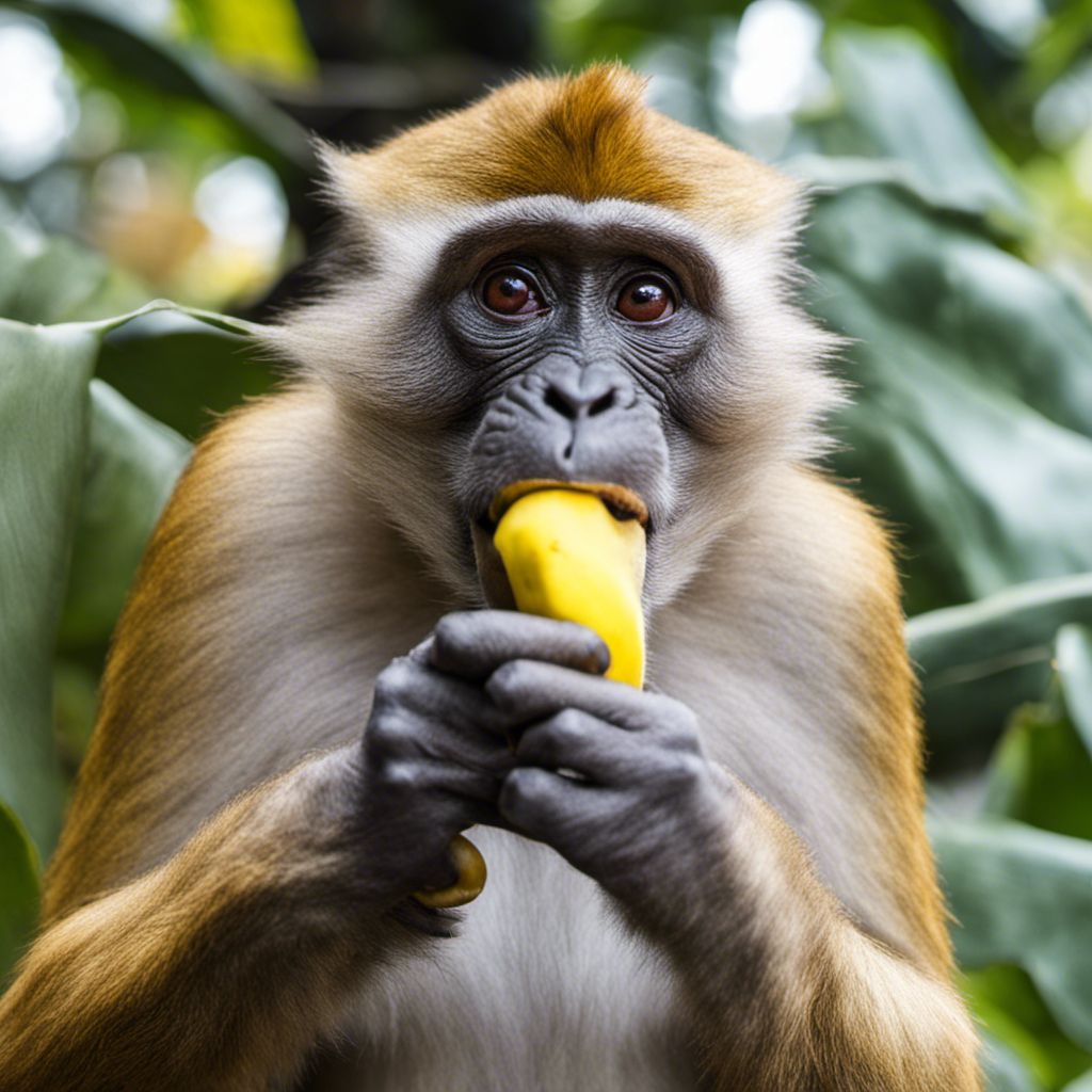 a monkey is eating a banana in a tree