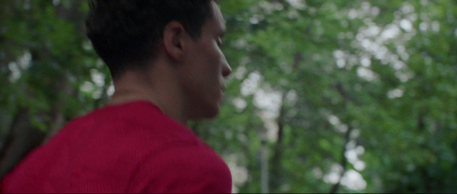 a man in a red shirt standing in front of trees