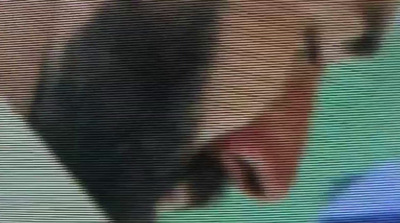 a blurry image of a bird on a television screen