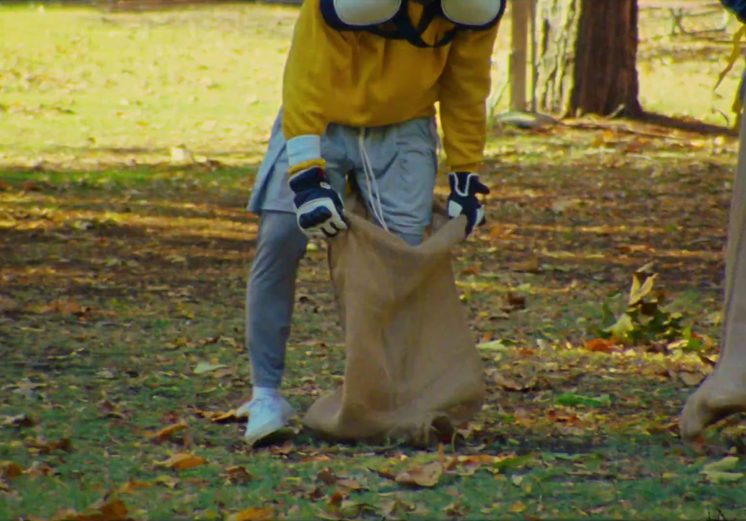 a person in a costume standing next to a bag