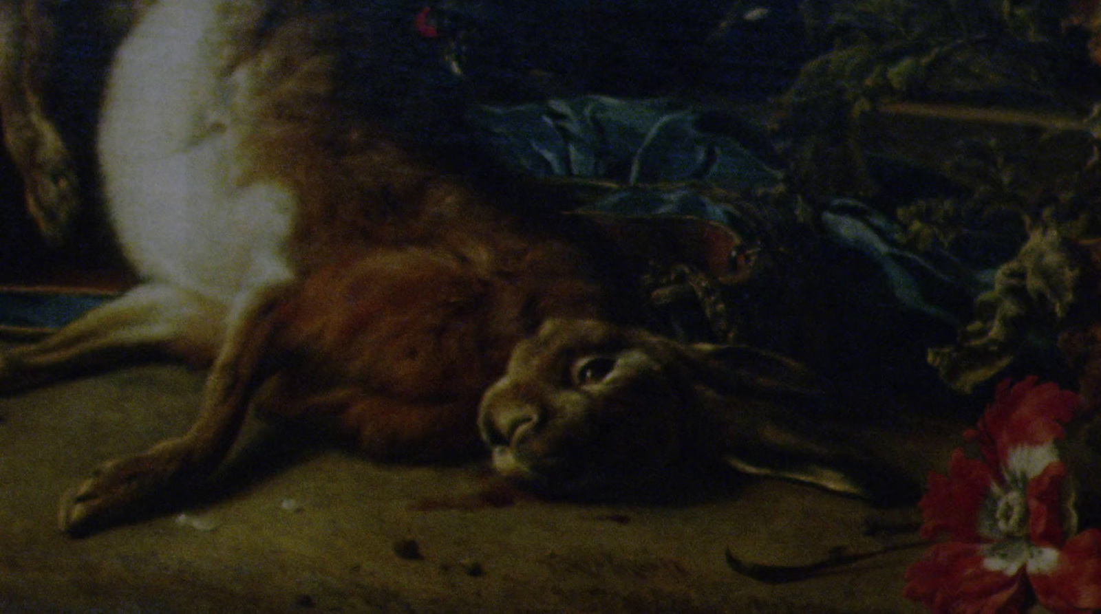 a painting of a dog laying on the ground