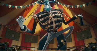 a skeleton dancing in front of a circus tent