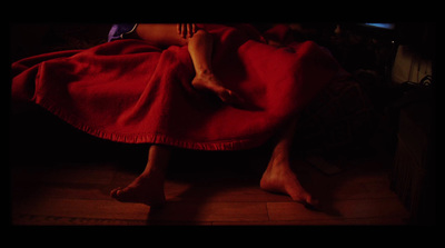 a person laying on a bed covered in a red blanket