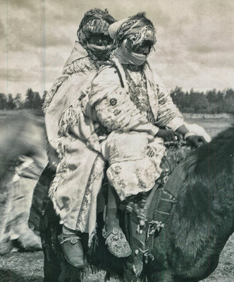 a couple of people riding on the back of a cow