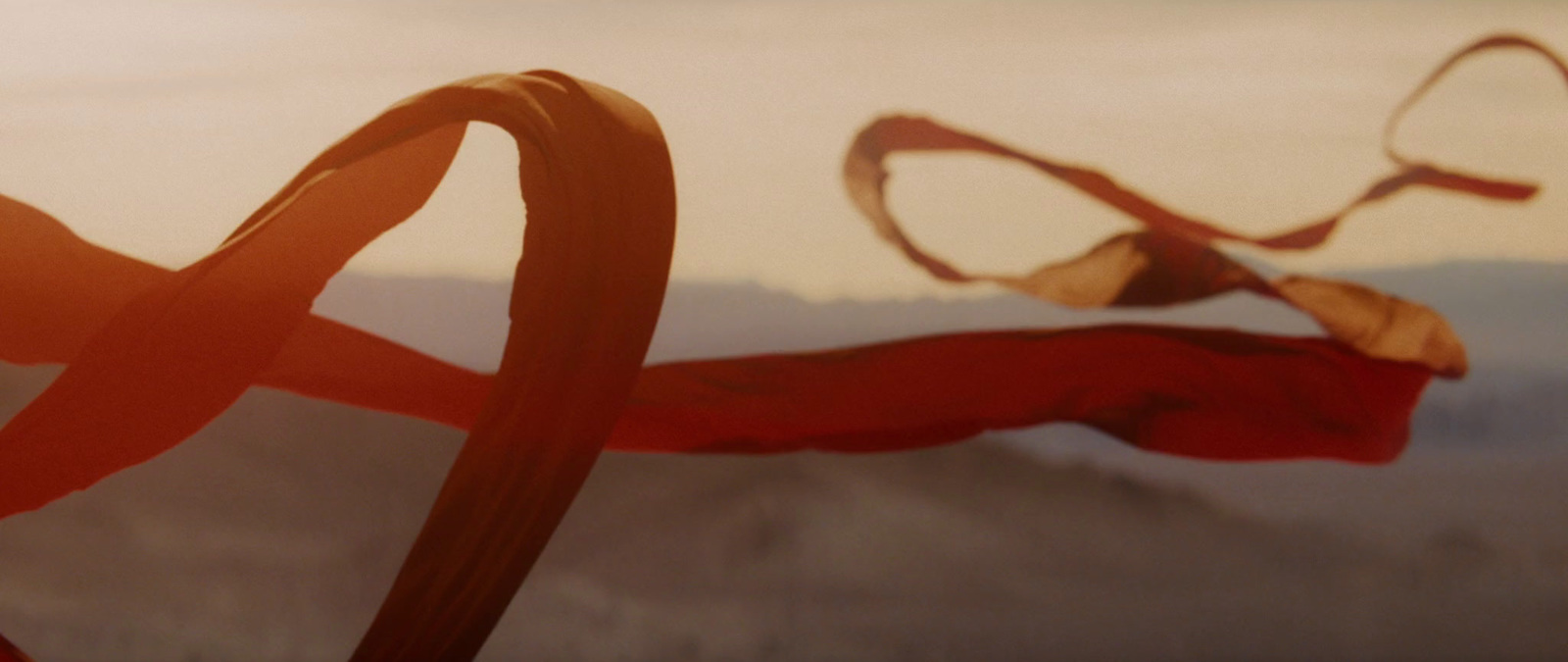 a painting of a red ribbon with a sky in the background