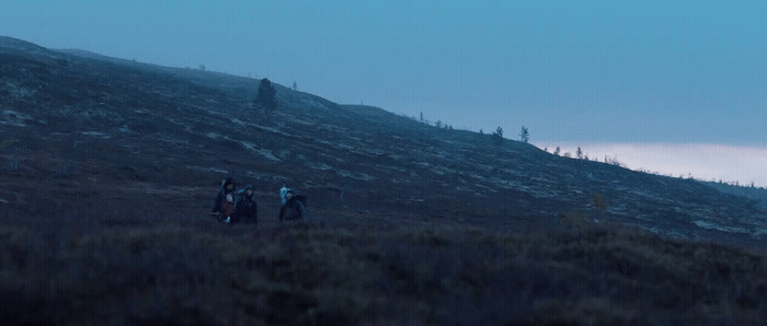 a group of people walking up a hill