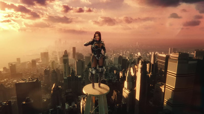 a woman standing on top of a tall building