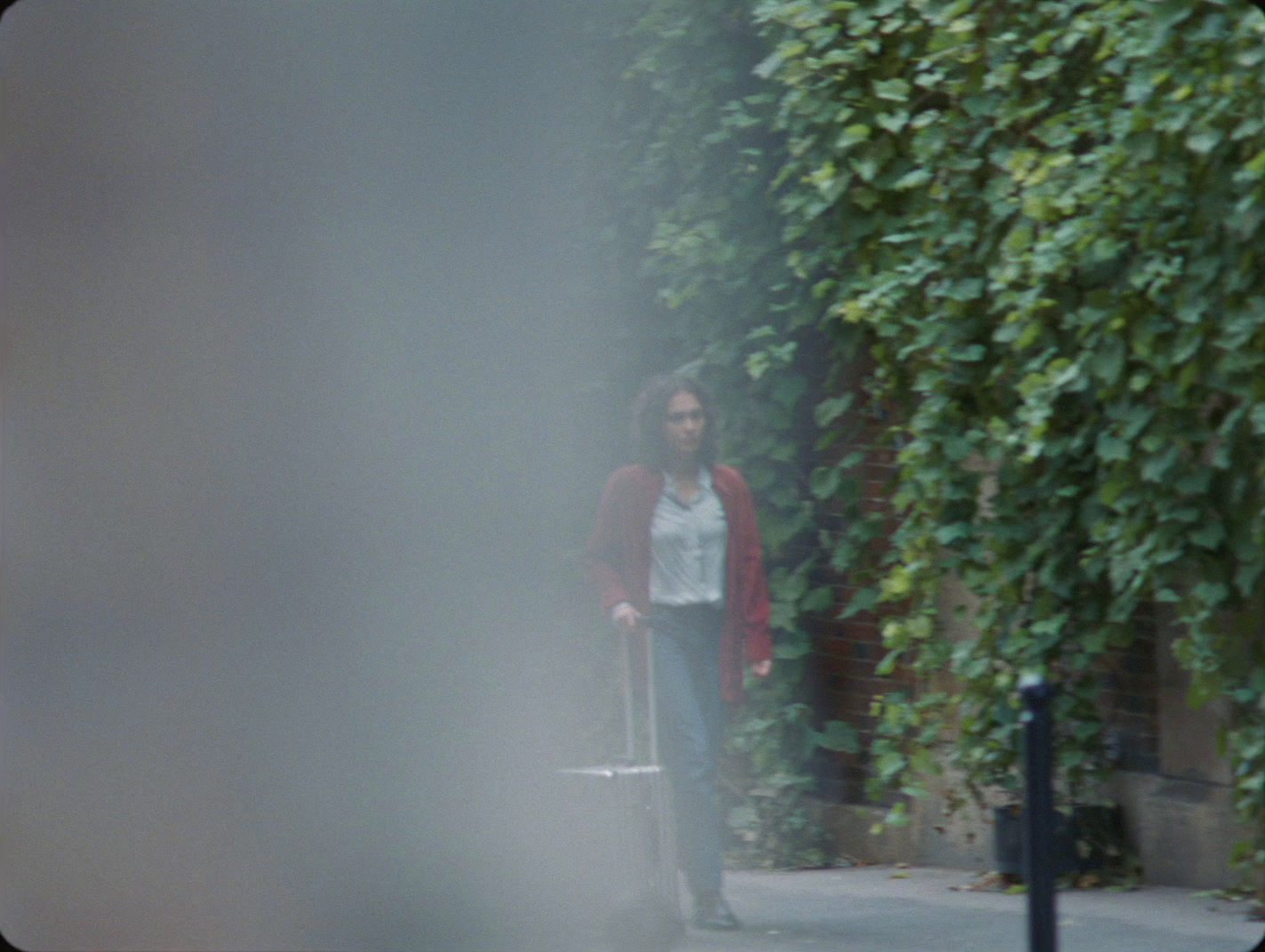 a woman walking down a street with a suitcase