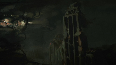 a painting of a clock tower in a dark room