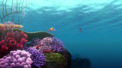 an underwater scene of a coral reef and a fish