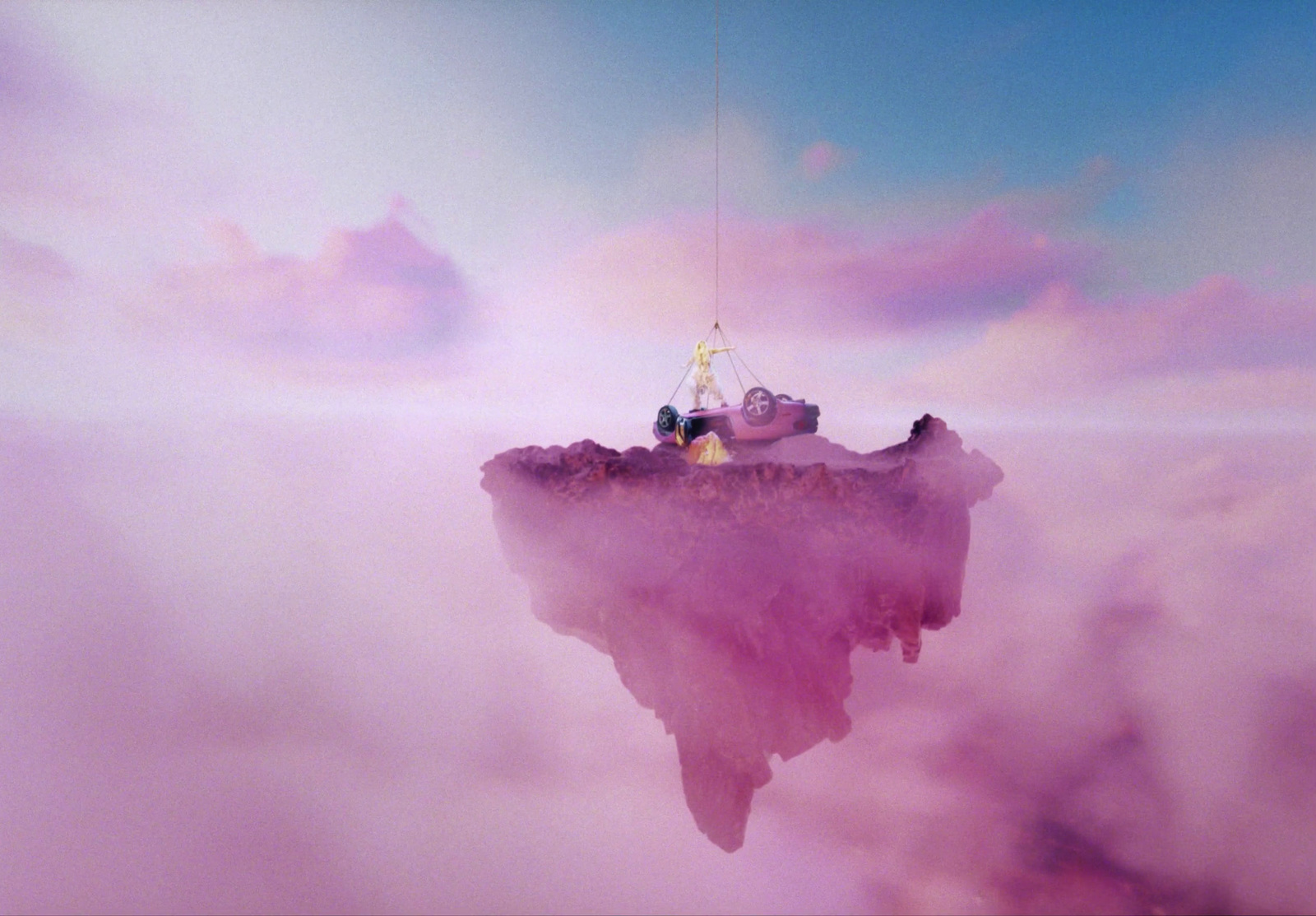 a boat floating on top of a floating island in the sky